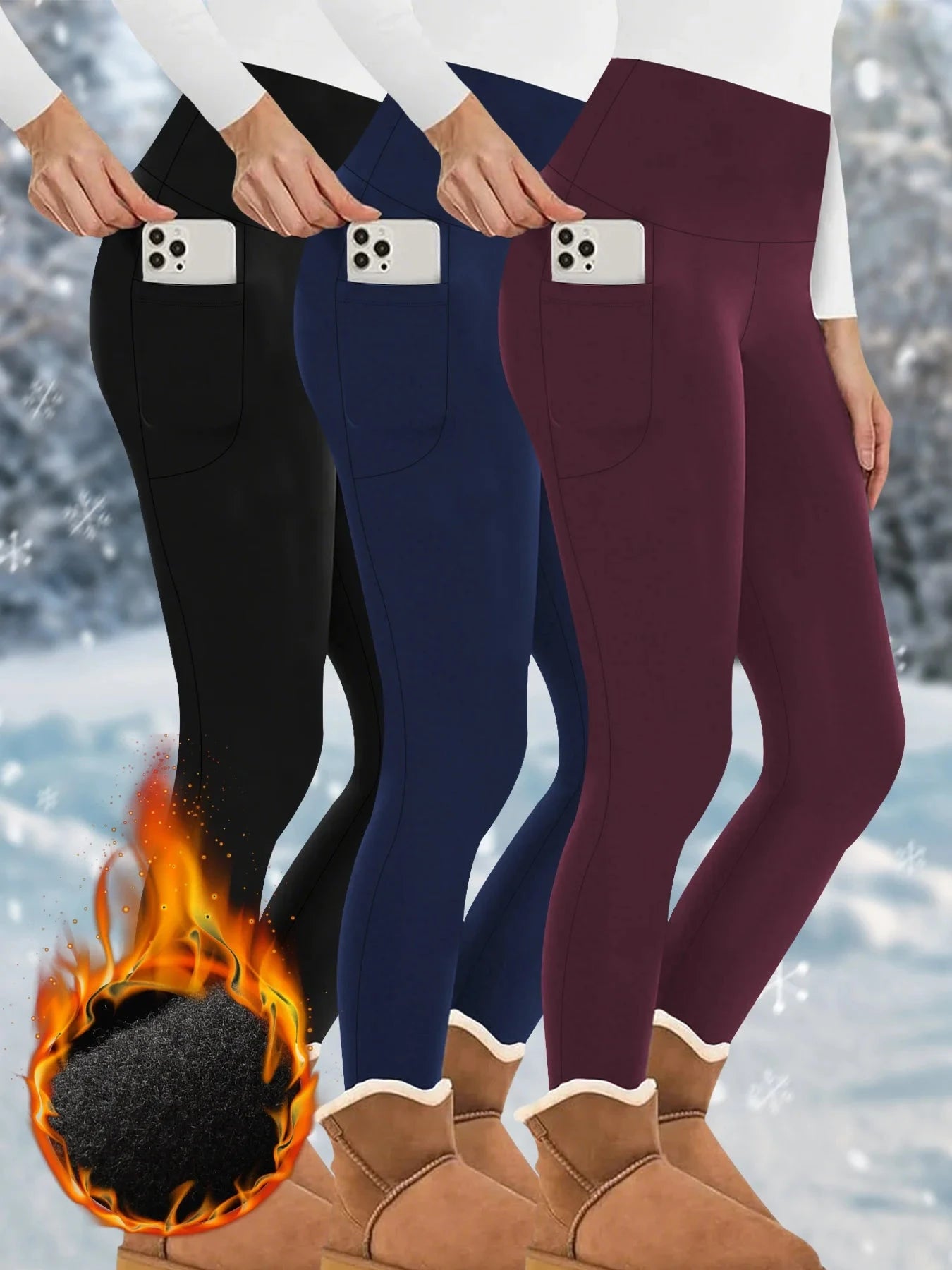 3 Pack Womens Thermal Fleece Lined High Waisted with pockets GlowCart