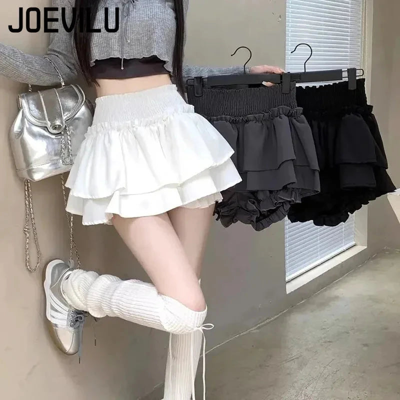 White Preppy Style Skirt Elastic High Waist Folds Design GlowCart
