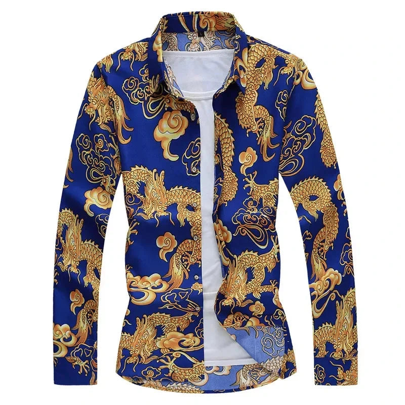 Thin Black Men's Long-sleeved Printed Shirt, Chinese Dragon GlowCart