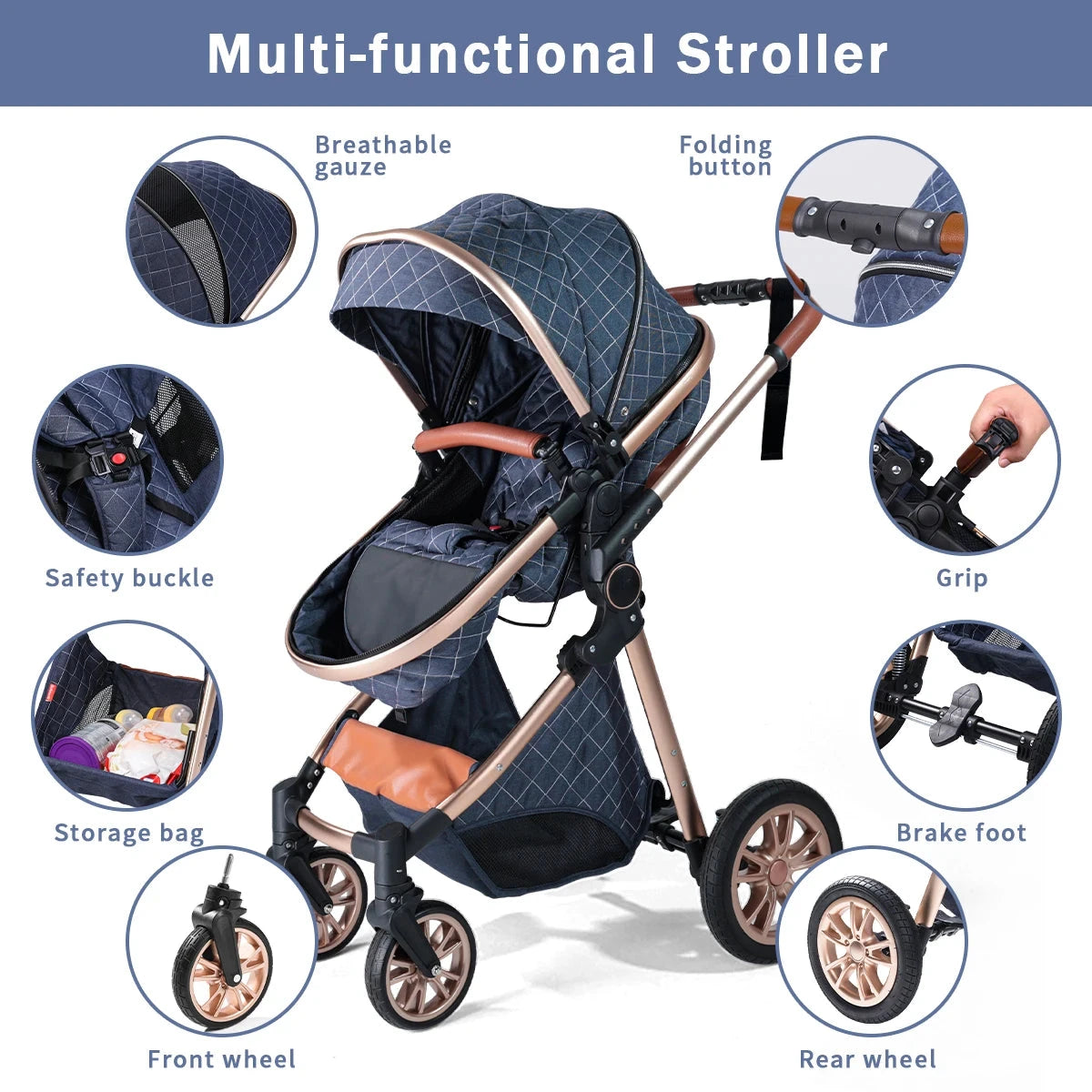 High landscape baby stroller, portable and foldable, a travel trolley that can be pushed in both directions GlowCart