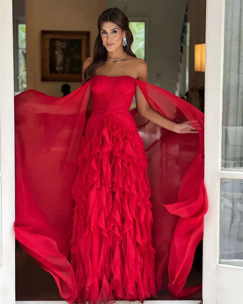 Sansa Strapless A-Line Lace Prom Dress Detachable Shawl GlowCart