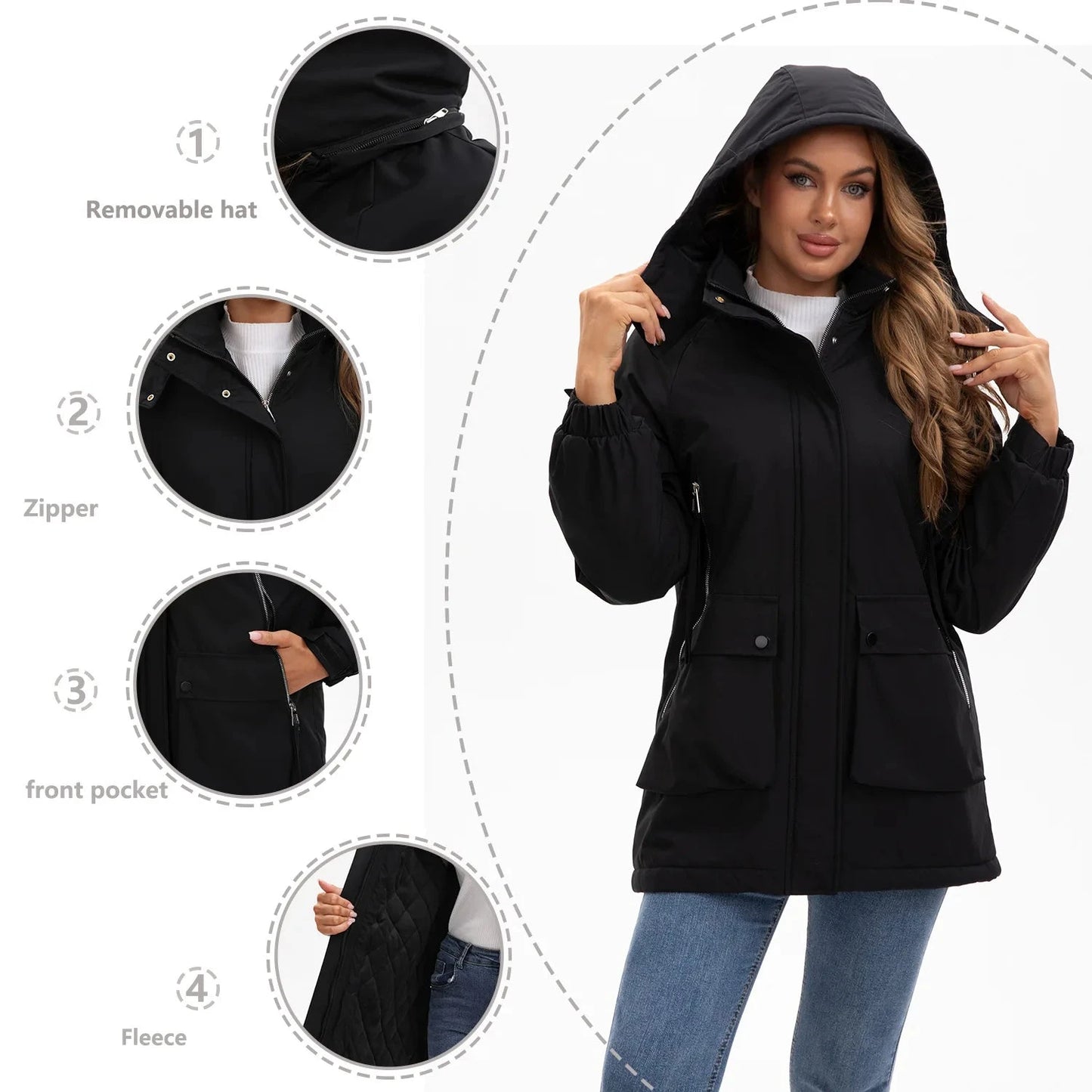 Women's Winter Jacket Coat Detachable Cap Fleece Down Parka GlowCart