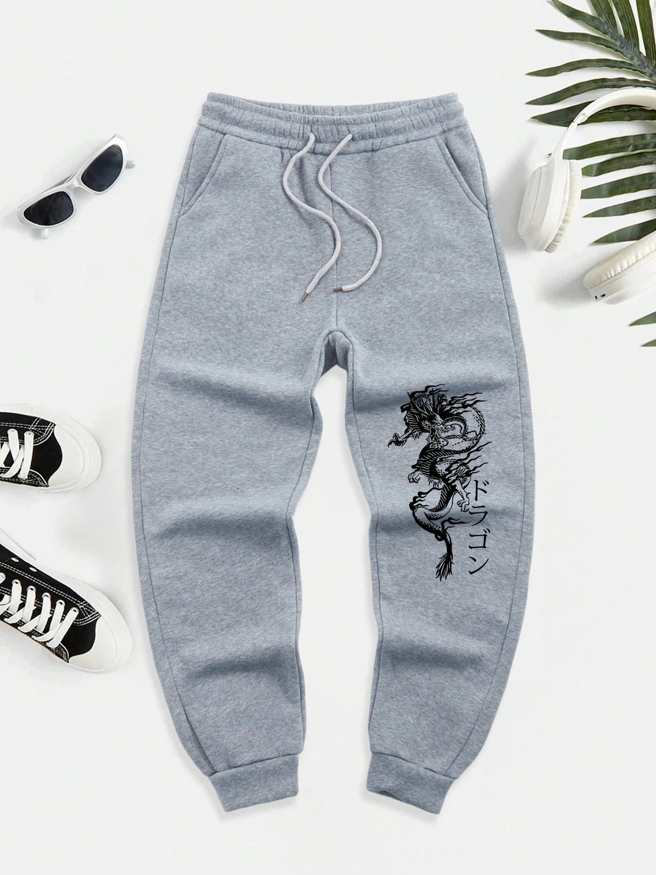 Japanese Word And Dragon Print Men New Warm Pants Fleece GlowCart