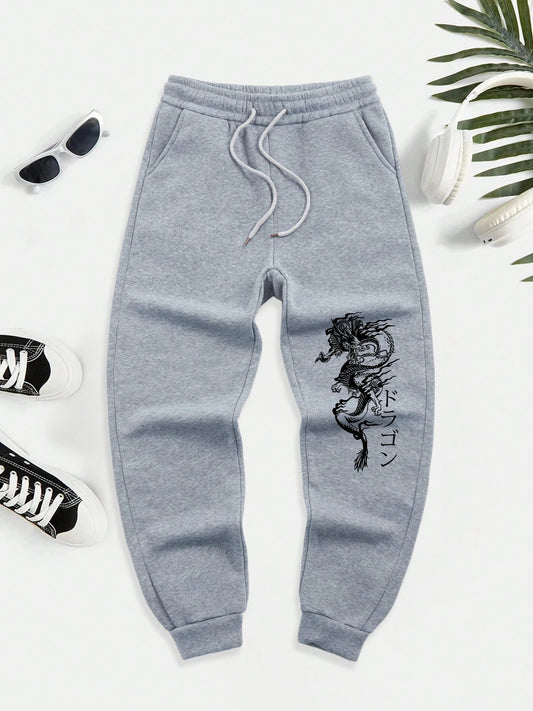 Japanese Word And Dragon Print Men New Warm Pants Fleece GlowCart