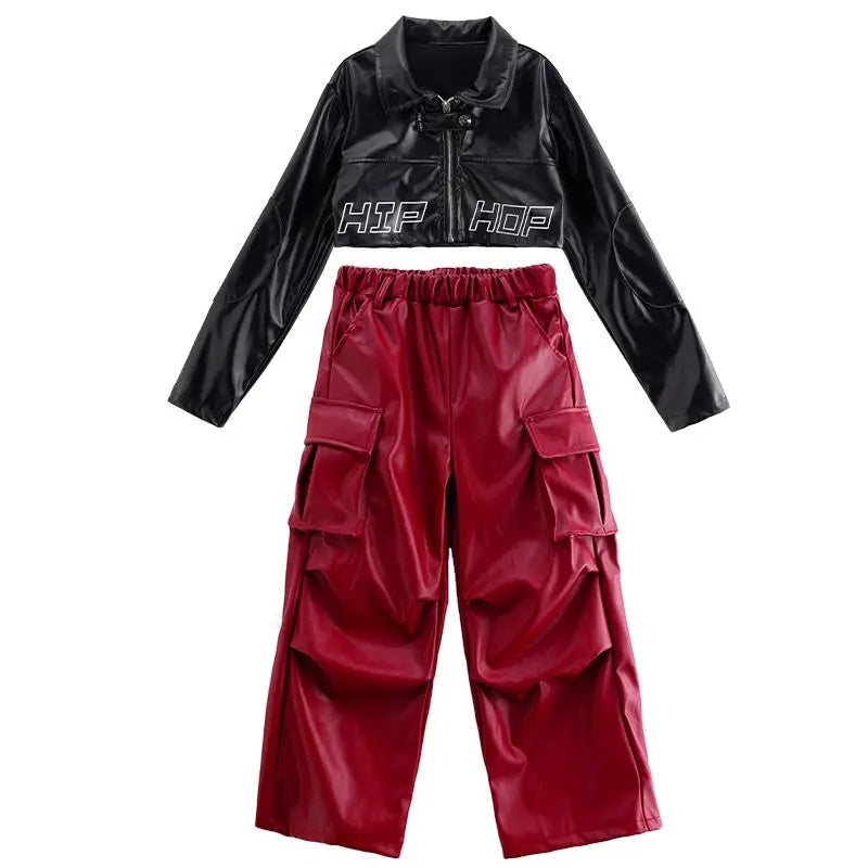 Jazz Dance Girls Clothes Kids Hip Hop Dance Costume Black Leather Crop Tops Hiphop Pants Catwalk Performance Clothing BL13600 GlowCart