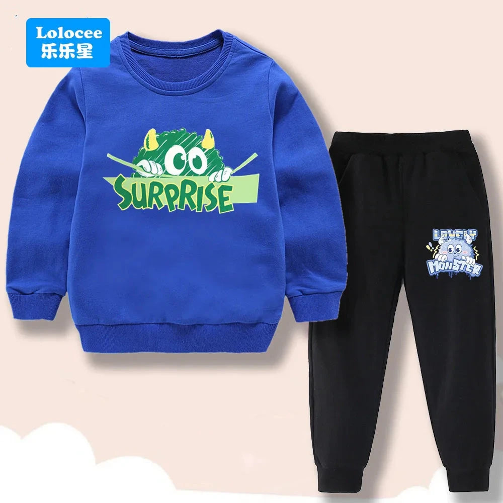 Spring/Autumn Children's Clothing Sets Cartoon Monster Print Boys' O Neck Sweatshirt Pants Two Piece Pullover Set for Kids GSJX1 GlowCart