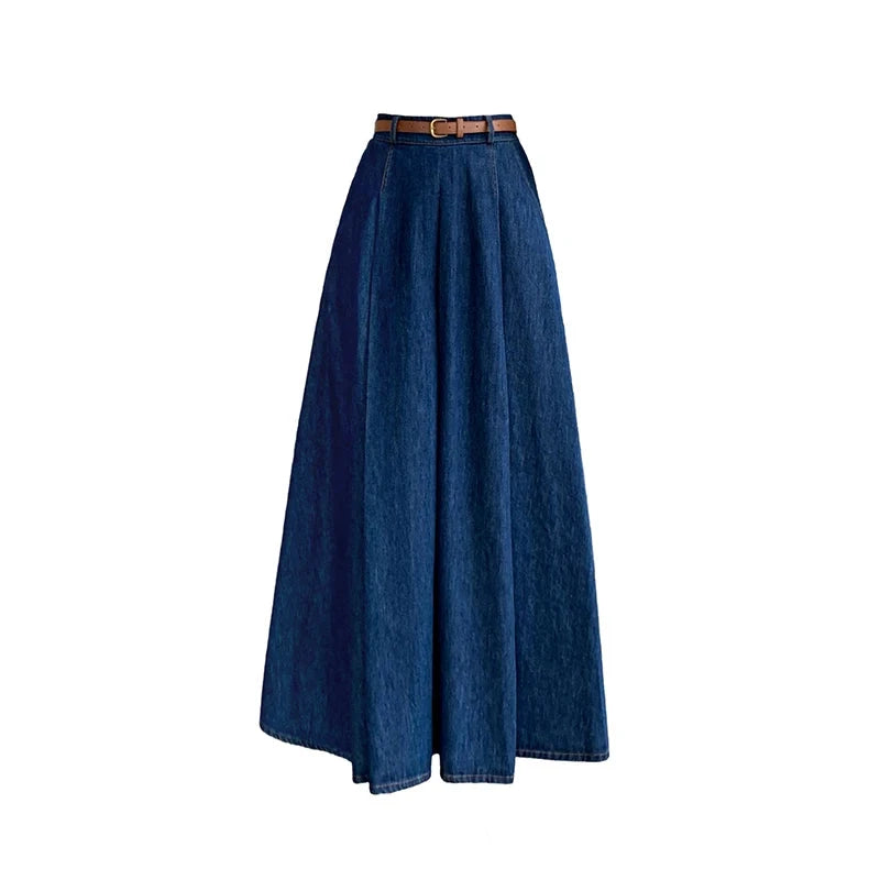 Seoulish Autumn High Waist Denim Women's Umbrella Skirts with Belted Korean Loose A-line Long Jeans Skirts Female 2025 New GlowCart