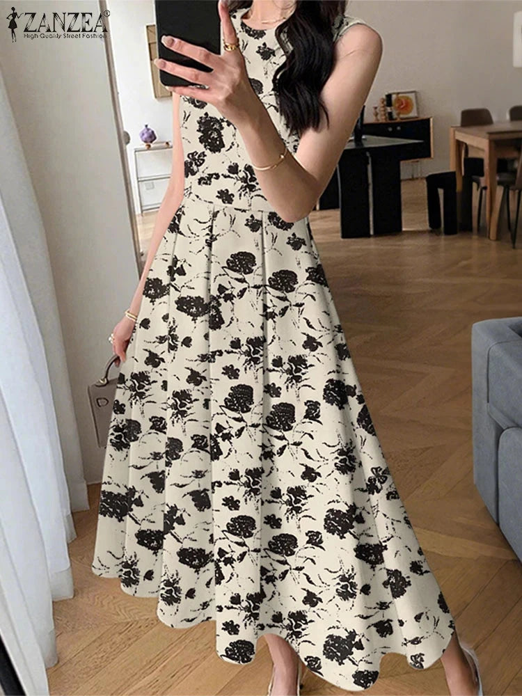 ZANZEA Women Sleeveless Pleated Dress 2025 Summer Korean GlowCart