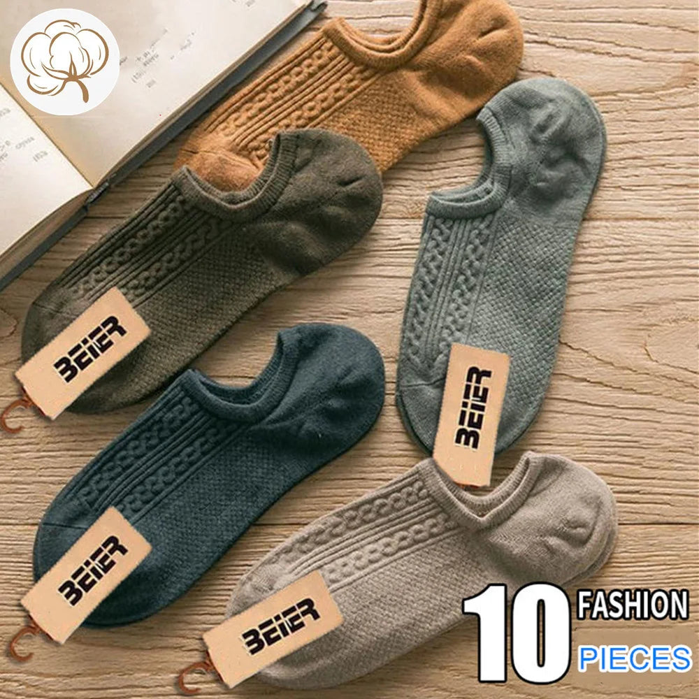 10 Pieces=5 Pairs Twists Cotton Tube Socks for Men Short Boat Socks Invisible Summer Thin Versatile Anti Odor Calcetines GlowCart