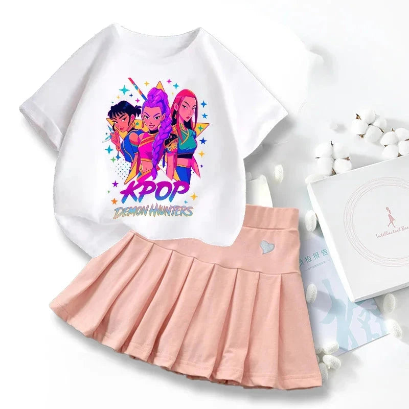 New K Pop Demon Hunters T-shirts Skirt Set Kawaii Cartoon Graphic T-shirt Kids Casual Short Sleeves Tops Summer Girl Clothes GlowCart