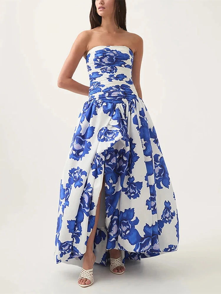 Sexy Strapless Printed Split Deign Long Bubble Dress Women GlowCart