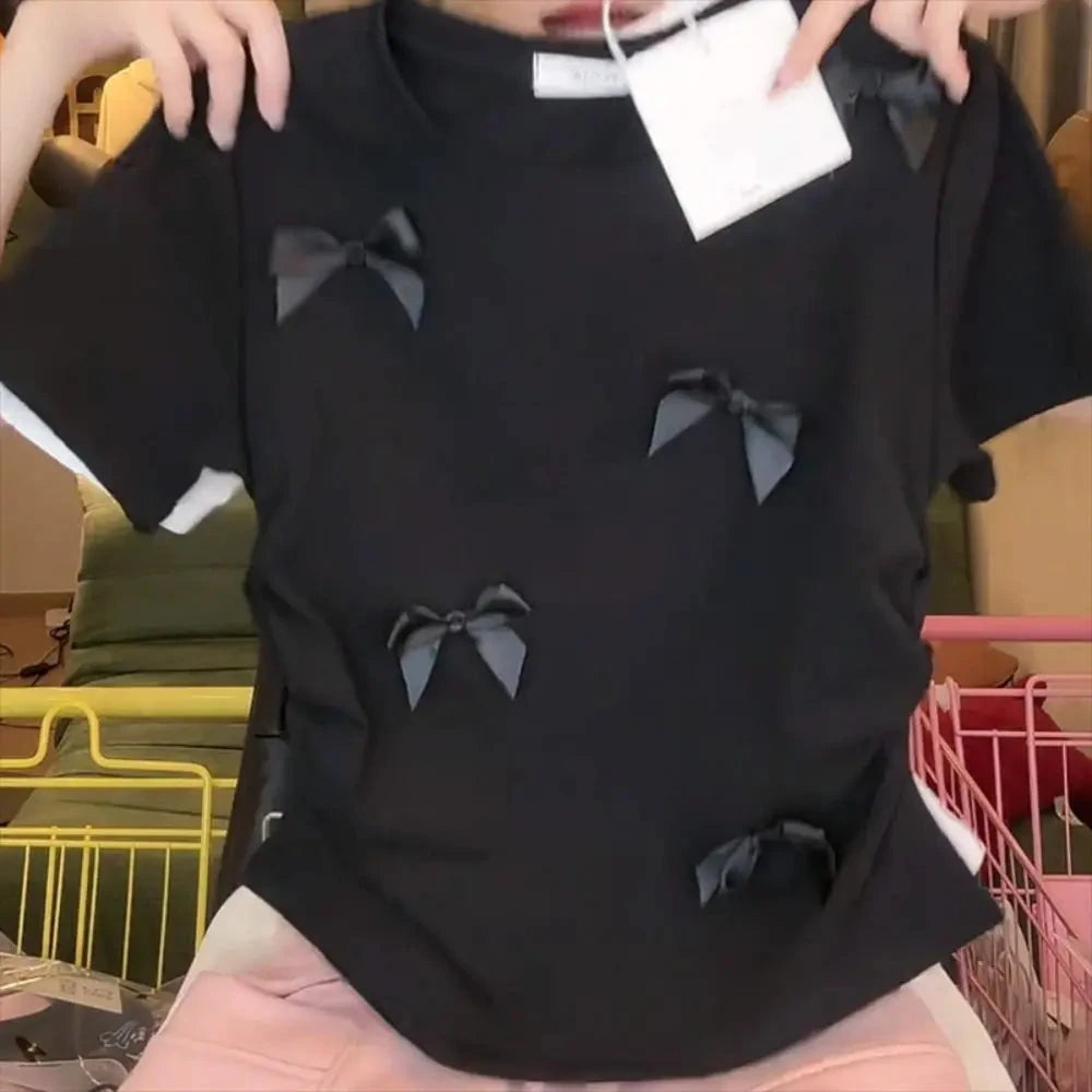 Elegant Ballet Bowknot T Shirts Round Collar Japanese Style GlowCart