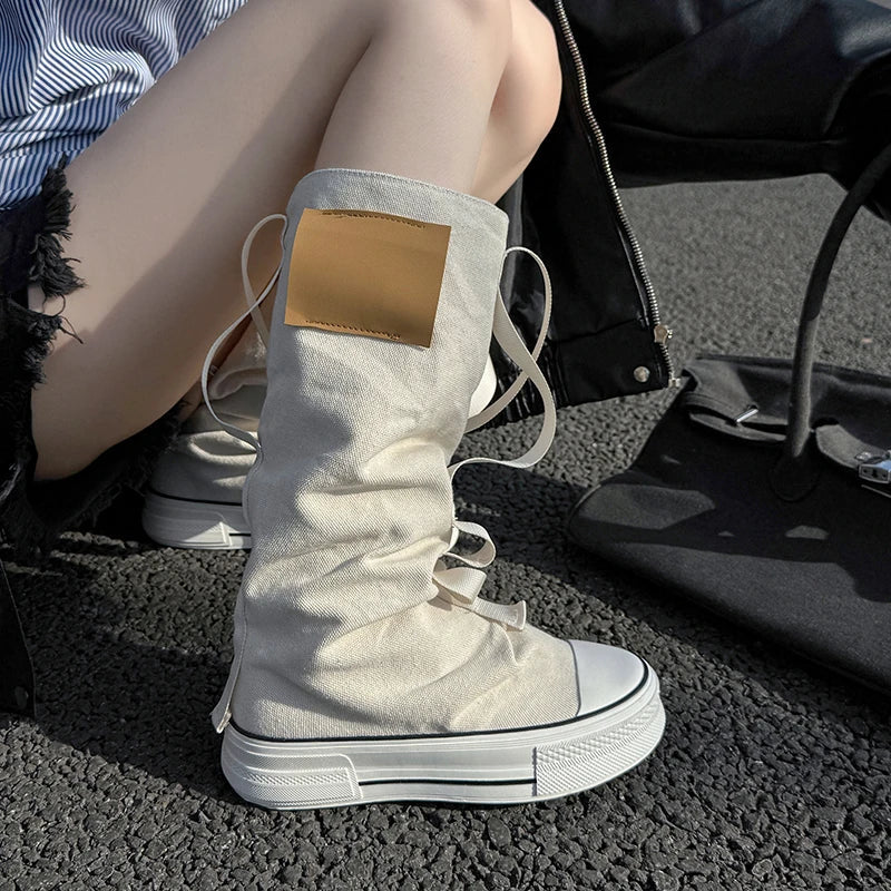 Autumn Thigh Boots Fashion New Round Toe Spliced Canvas Breathable Versatile Mid-leg Pants Tube Stack Boots GlowCart