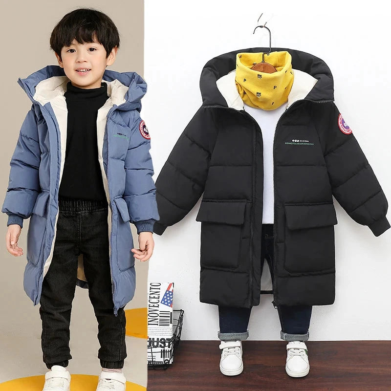 Winter New Teen Boys Jacket Long Style Solid Color Thick Keep Warm Hooded Windbreaker For 3-10 Years Kids Down Cotton Outwear GlowCart