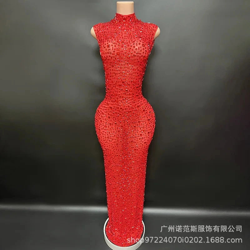 Sexy Full Drill Elastic Slim Fit Sleeveless Long Dress - Hip GlowCart