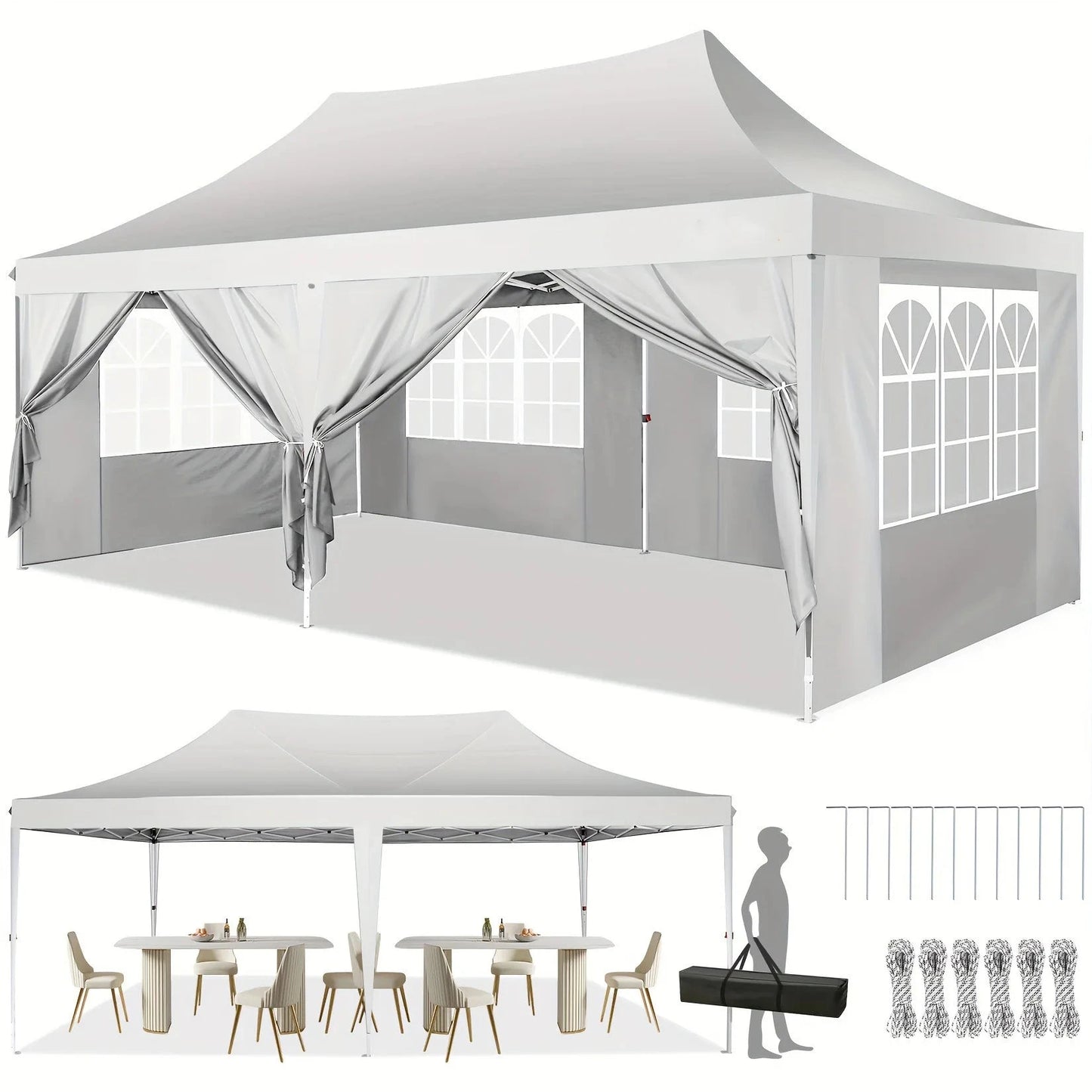 10x20 Pop Up Canopy Tent with 6 Sidewalls, Wedding Party GlowCart