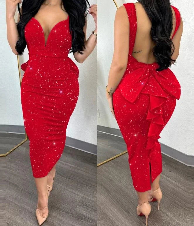 Dress for Women Streetwear Elegant Solid Color Hip Wrap Open Back Deep V High Waist Split Bodycon Dresses 2024 Spring and Summer GlowCart