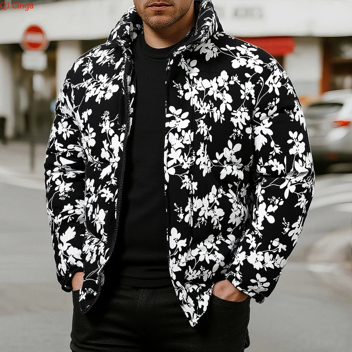 Winter Arrival Men's Beige Long-Sleeve Printed Thick Jacket, GlowCart