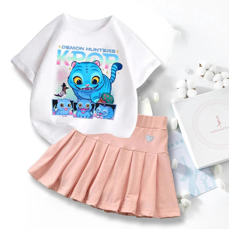New K Pop Demon Hunters T-shirts Skirt Set Kawaii Cartoon Graphic T-shirt Kids Casual Short Sleeves Tops Summer Girl Clothes GlowCart