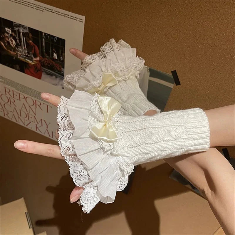 Women s Winter Warm Knit Arm Sleeves with Delicate Lace Trim GlowCart