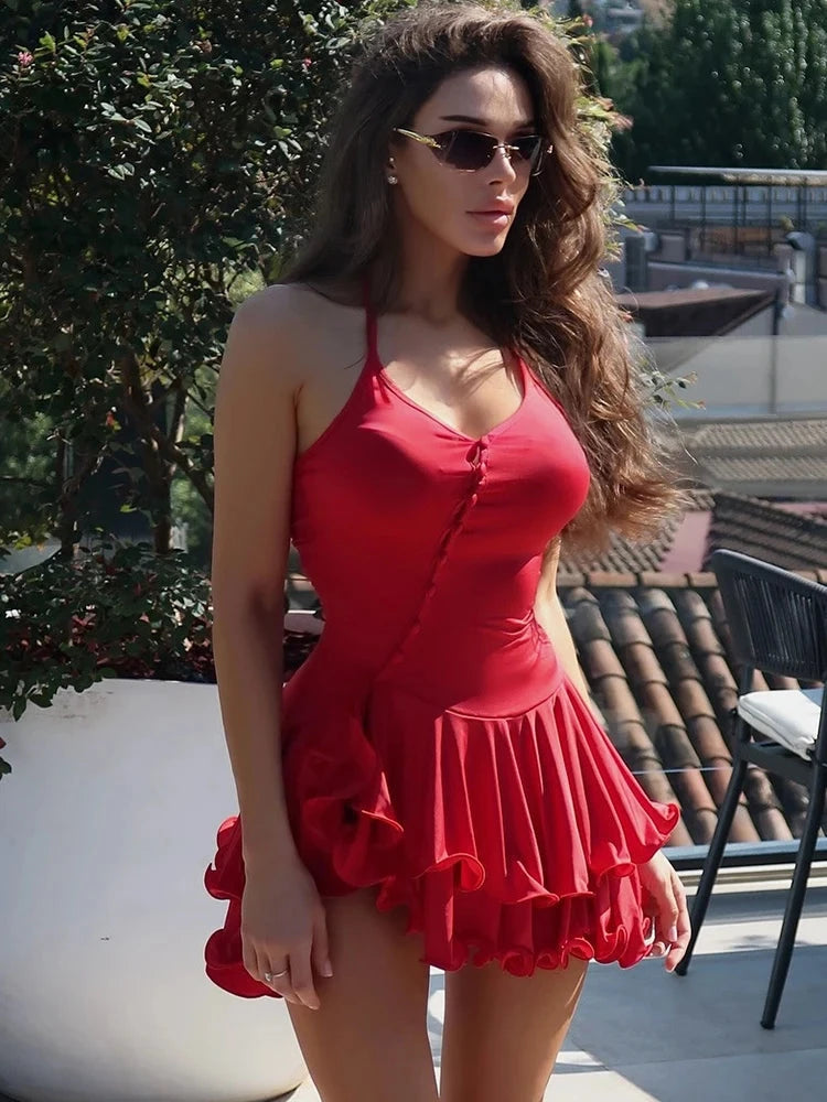 Sibybo Ruffles Hem Sleeveless Mini Dress Women V-Neck GlowCart