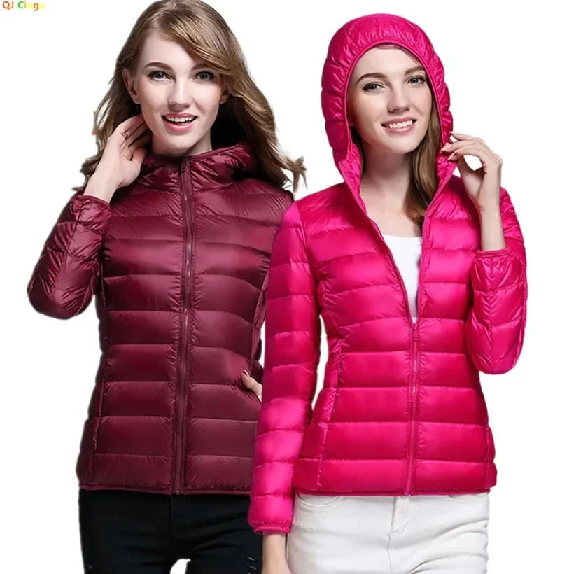 Winter Women's Light Down Hooded Jacket,Red Blue Khaki Green GlowCart