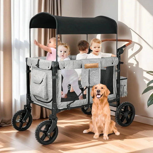 Camping cart that can seat four children, Foldable baby stroller, with shock absorption function, suitable for autumn travel GlowCart