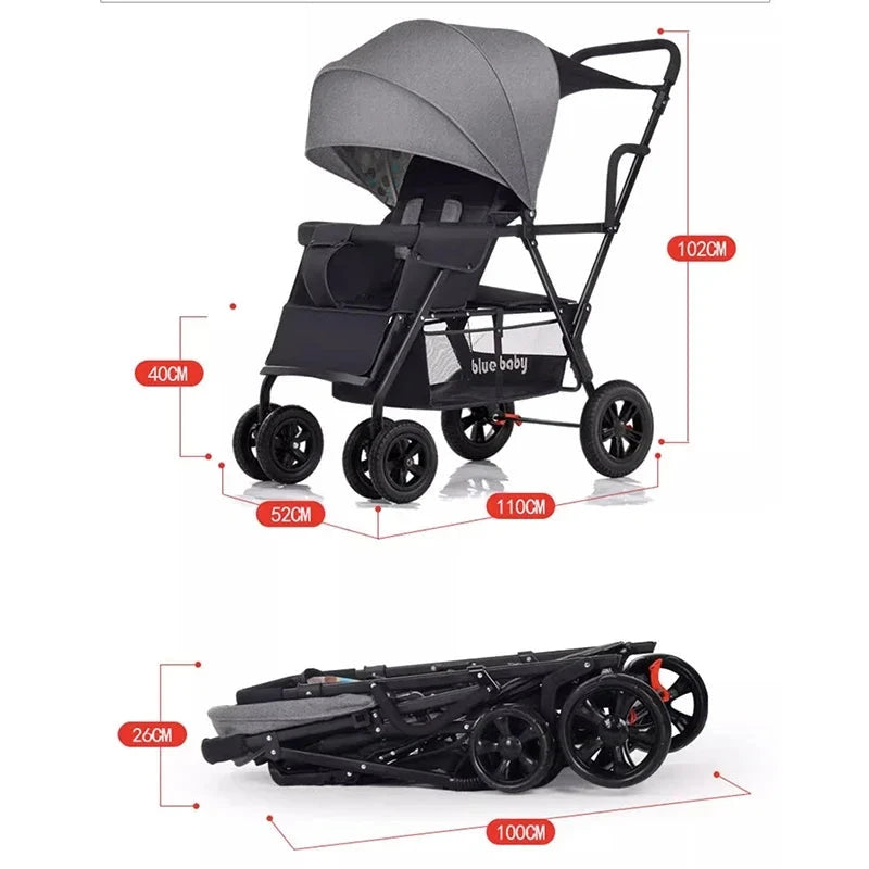 Baby Twin Stroller Removable Rear Seat 0-7 Years Old Double stroller One-key Folding Four-wheel Anti-skid Shock Absorption GlowCart