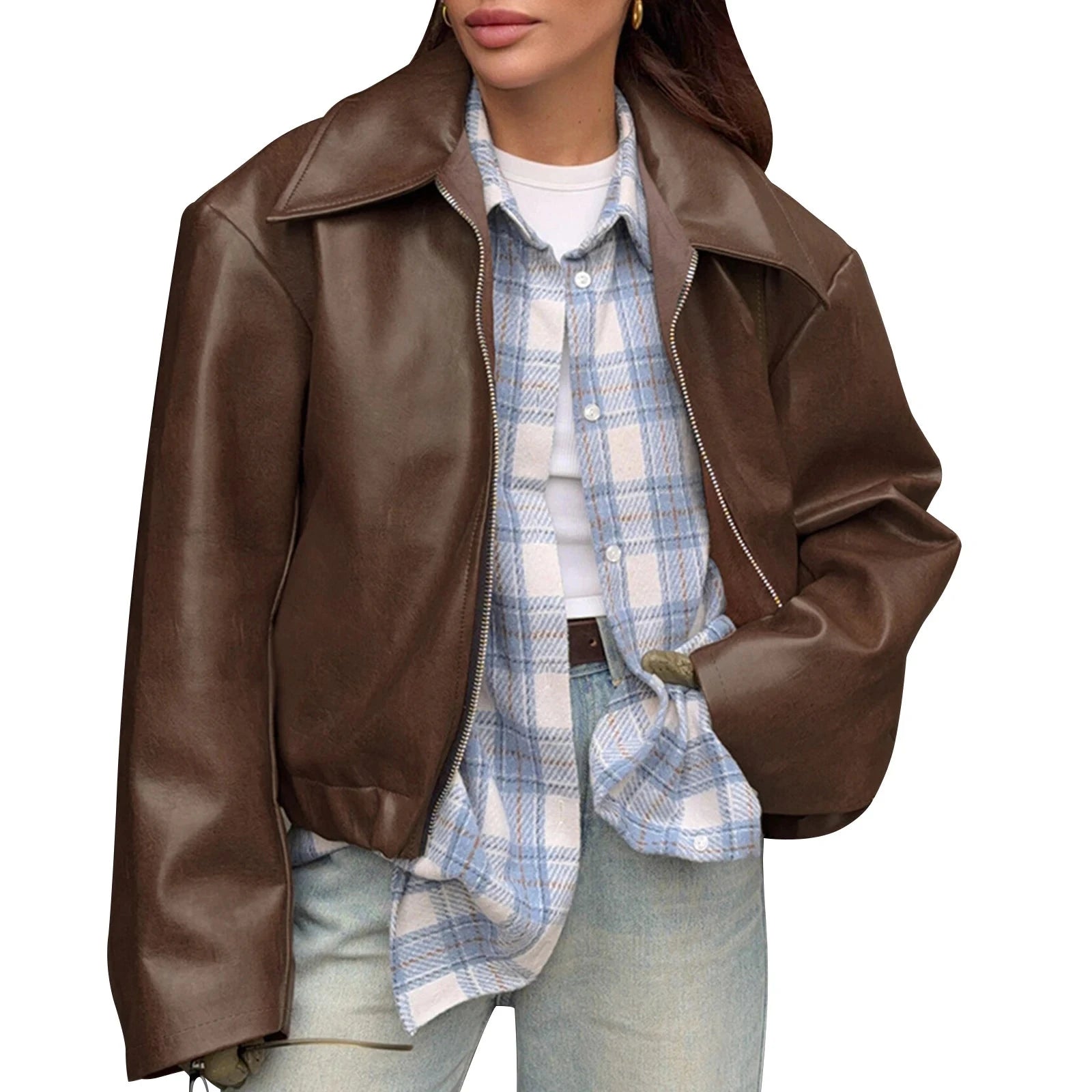 Women s Faux Leather Moto Jacket with Removable Hood Vintage GlowCart