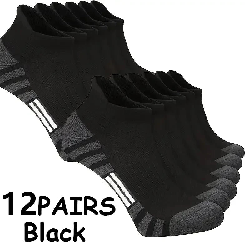 12Pairs Men Black White Grey Towel Bottom Sweat Absorbent Anti Odor Breathable Non Slip Ear Loop Short Socks For Running Sport GlowCart