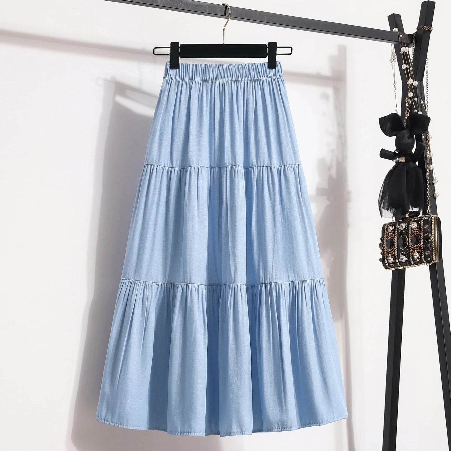 Soft Slik Denim Midi Skirt for Women Blue Jean Elastic Waist Tiered Flared Long Skirt Summer Vintage Casual Daily Outfit GlowCart