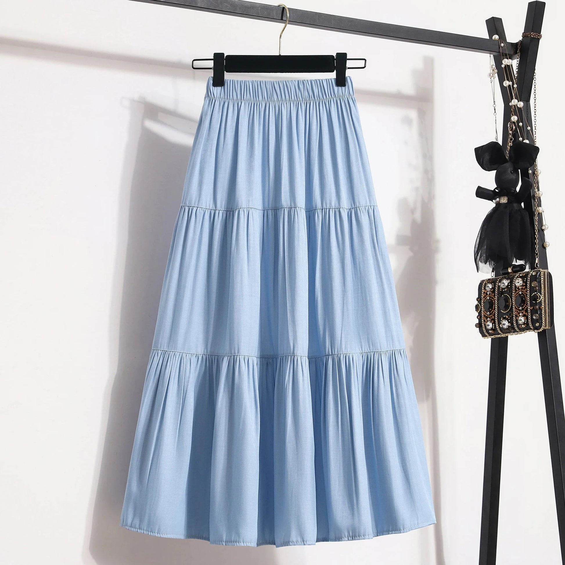 Soft Slik Denim Midi Skirt for Women Blue Jean Elastic Waist Tiered Flared Long Skirt Summer Vintage Casual Daily Outfit GlowCart