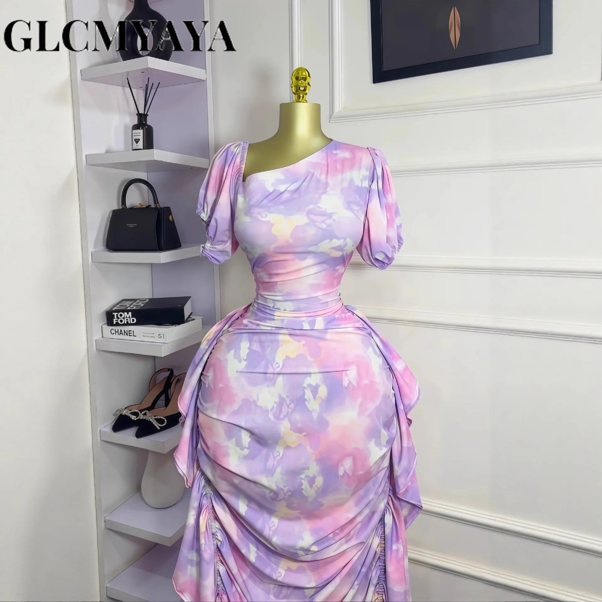 GLCMYAYA Women Tie Dye Printed Skew Neck Ruched Stacked Bodycon Midi Maxi Long Dress 2025 Vacation Holiday Sexy Vestidos Dresses GlowCart