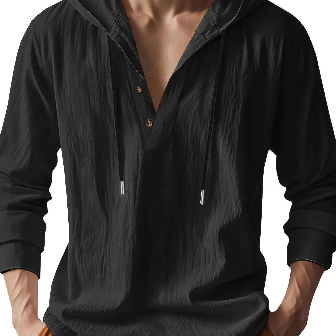 Men's Lightweight Linen Hooded Henley Shirt Casual Long GlowCart