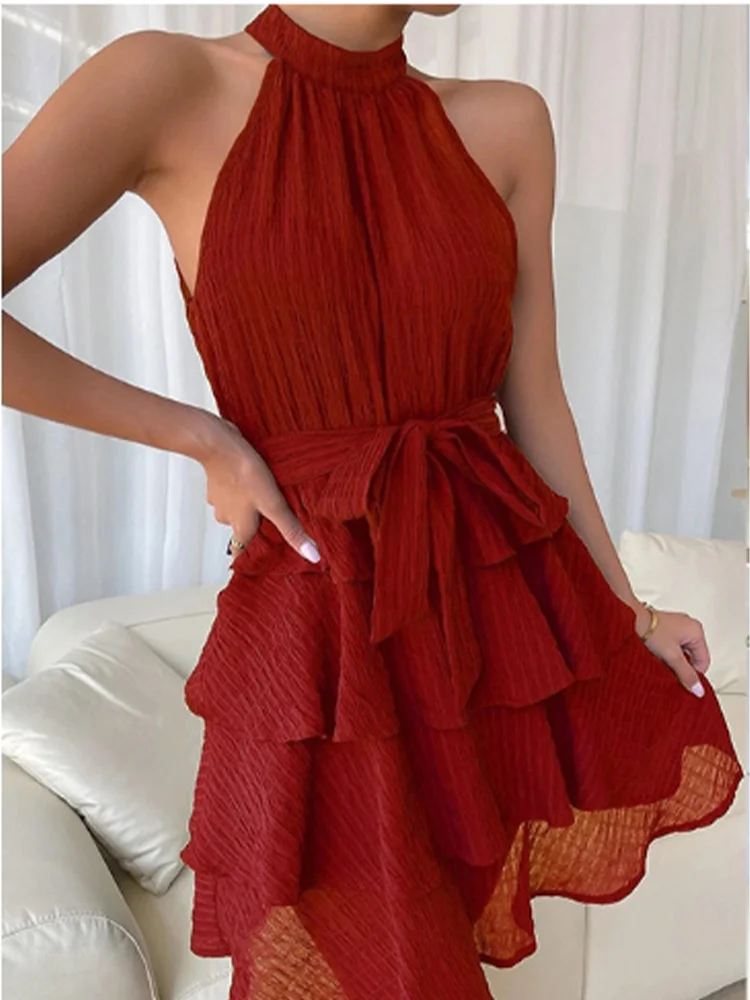 Stylish Sleeveless Off Shoulder Multi-Layered Ruffle Edge Dress Women's Solid Color Mini Dress Party A Line Dresses GlowCart