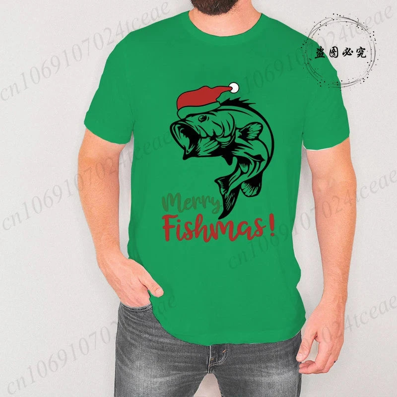 Fishing Christmas Men's T Shirts Merry Fishmas Print Tees GlowCart