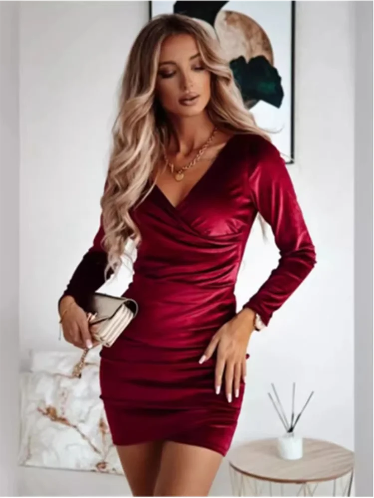Lady Bodycon Solid Color Velvet Dress Women V-Neck Long Sleeved Mini Dress Autumn Winter Party Luxury Dress GlowCart