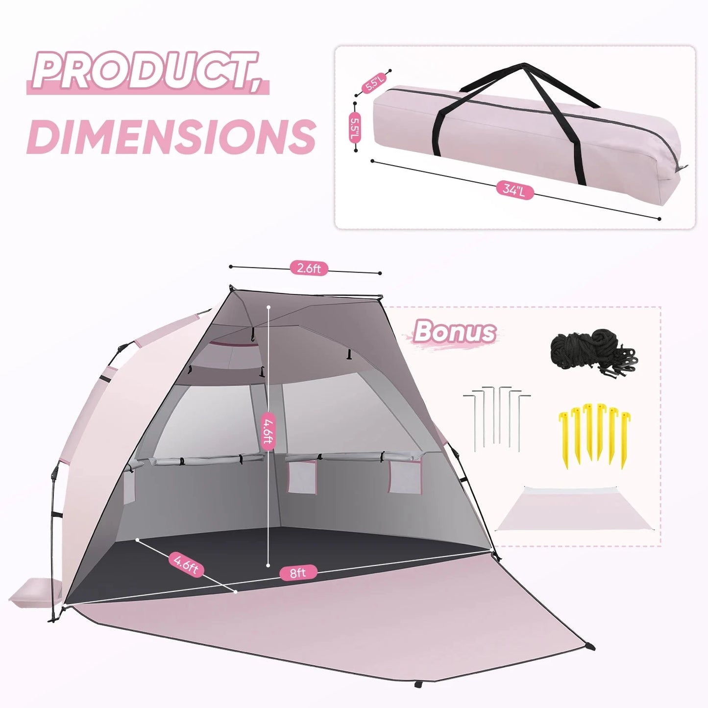 Beach Tent Sun Shelter Pop up Beach Tent Canopy for 4/5/6 GlowCart