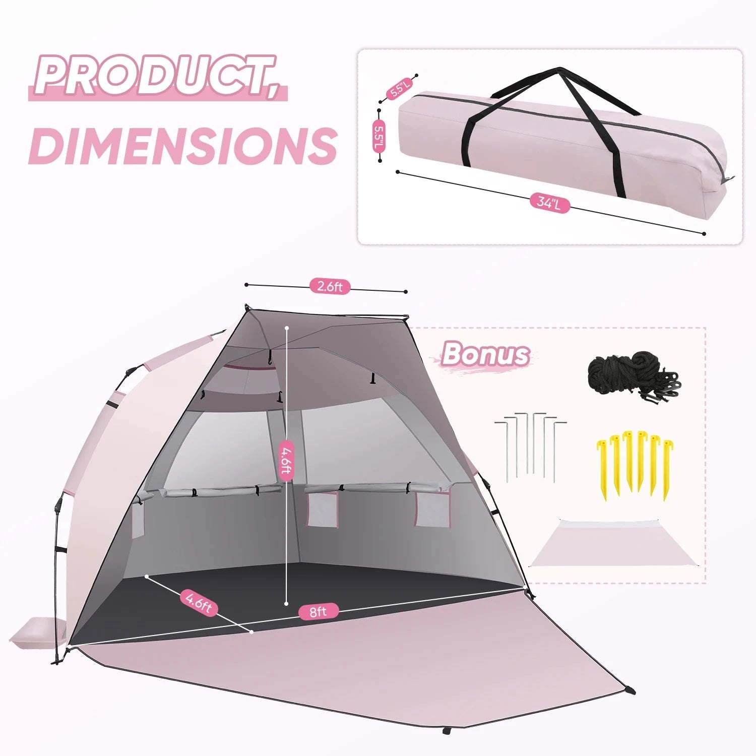 Beach Tent Sun Shelter Pop up Beach Tent Canopy for 4/5/6 GlowCart