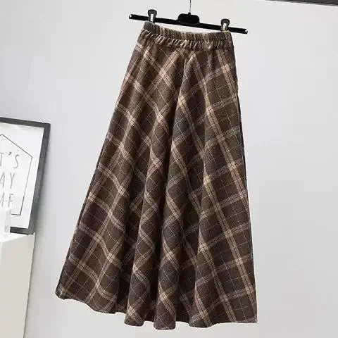 American Style Plaid Midi Skirt Women's Full A- Line Skirts plus Size High Waist Slimming Long Skirts Trendy Spring Autumn GlowCart