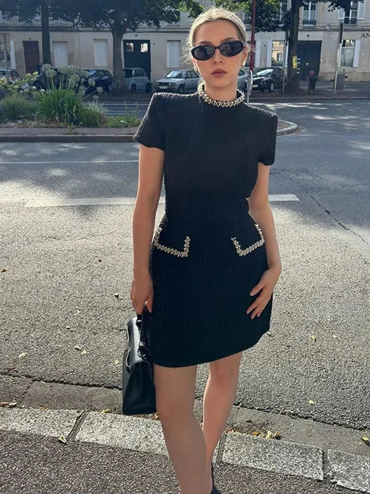 2025 New Elegant Glittery Spliced Beaded Mini Dress Women GlowCart