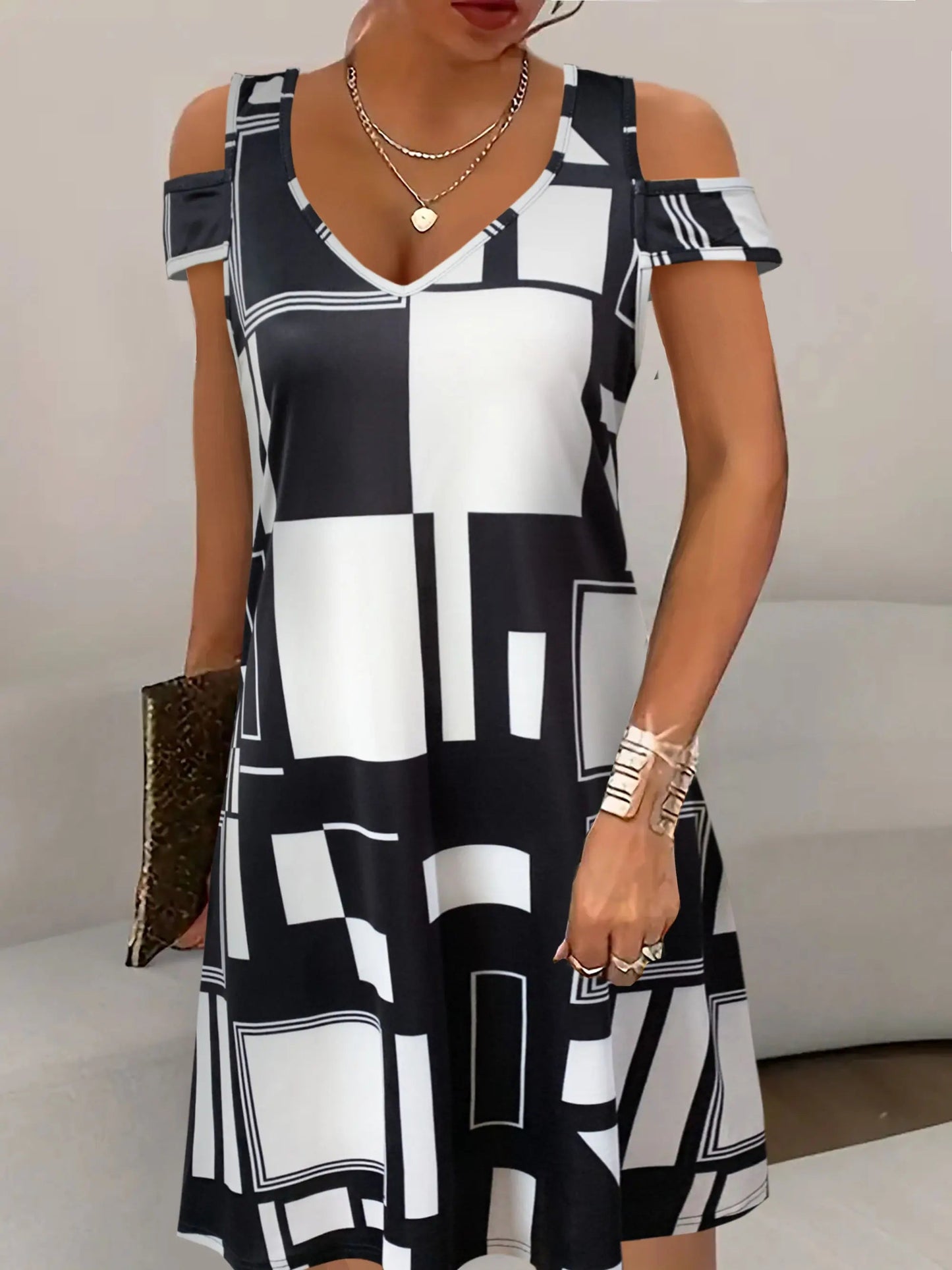 Summer Geometric Pattern Off-shoulder V-Neck Dress For Women,Casual Summer Sundress, Flowy Everyday Mini Dress GlowCart