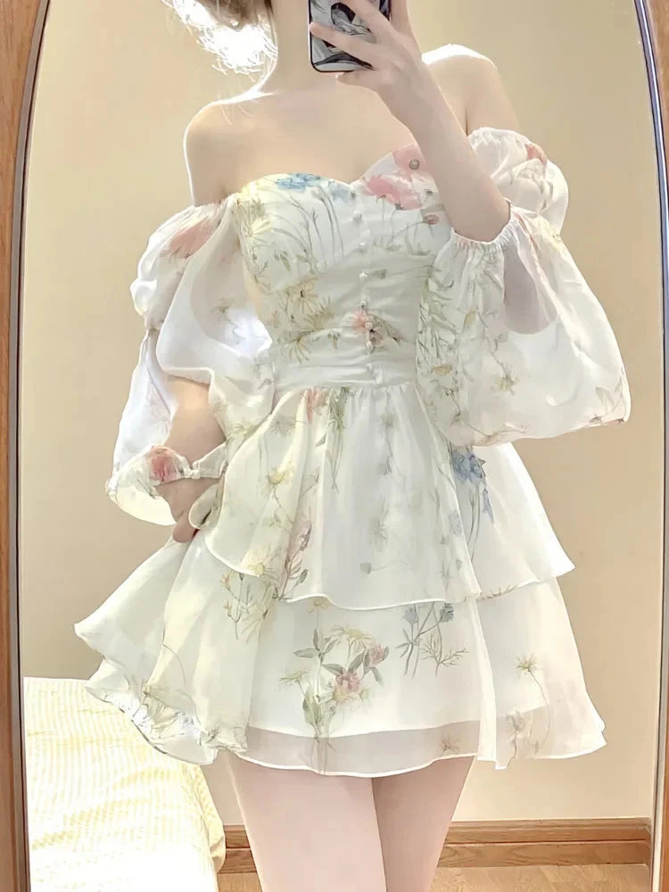 French Elegant Floral Mini Dress Chiffon Long Sleeve Evening GlowCart