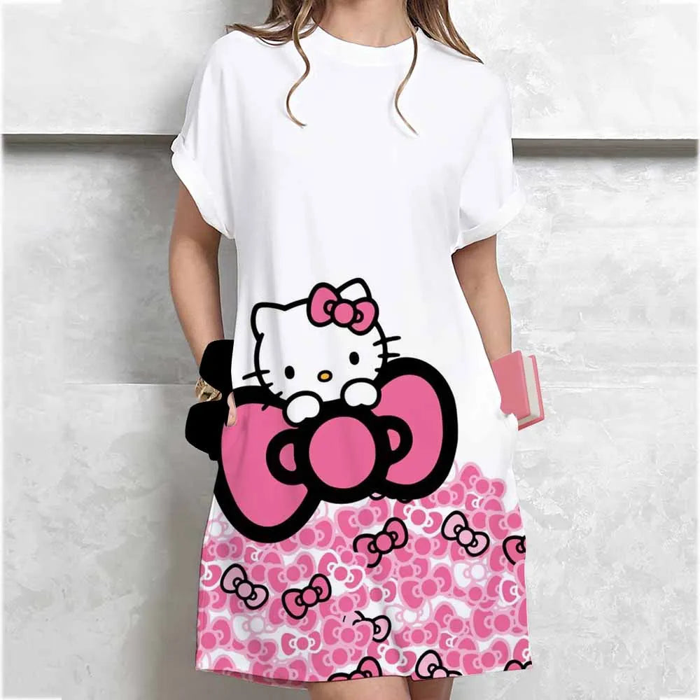 Women's long tshirt dress summer fashion girl Hello Kitty print oversized casual round neck short sleeved mini T-shirt dress ﻿ GlowCart