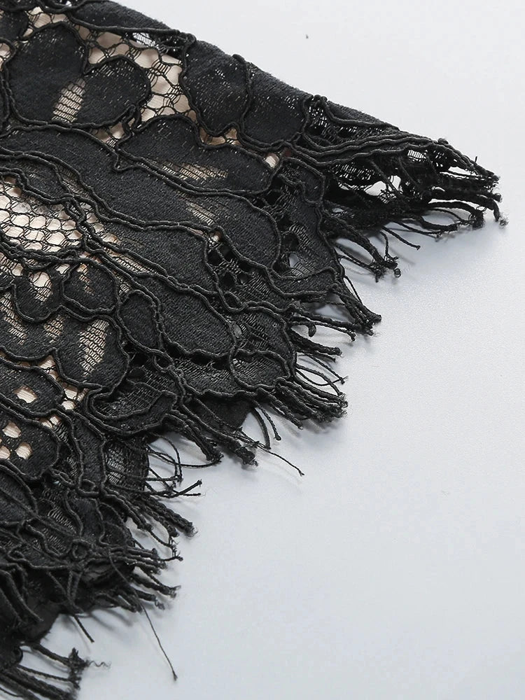 Sexy Spaghetti Strap V Neck Lace Long Dress Women Black GlowCart