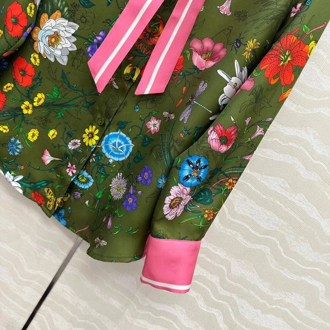 Vintage Floral Print 100% Twill Silk Shirt Women Lapel GlowCart