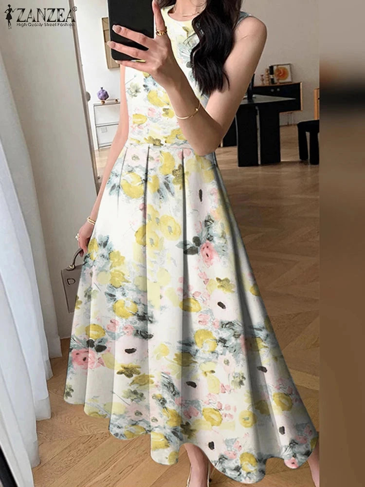 ZANZEA Women Sleeveless Pleated Dress 2025 Summer Korean GlowCart