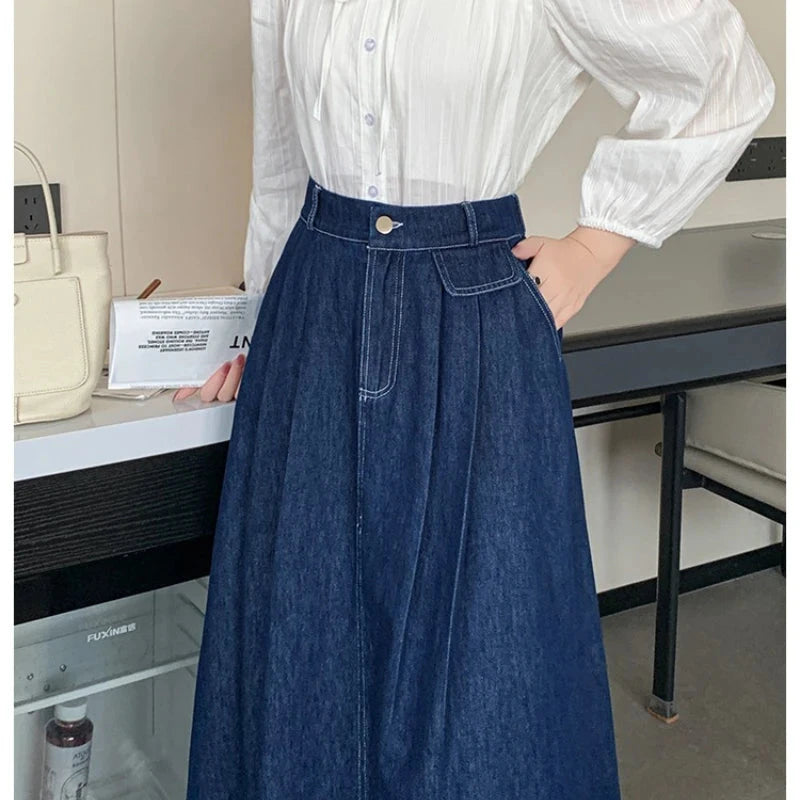 Seoulish High Waist Vintage Denim Women's Umbrella Skirts Pockets Single Button Casual Loose A-line Long Skirts Female 2025 New GlowCart