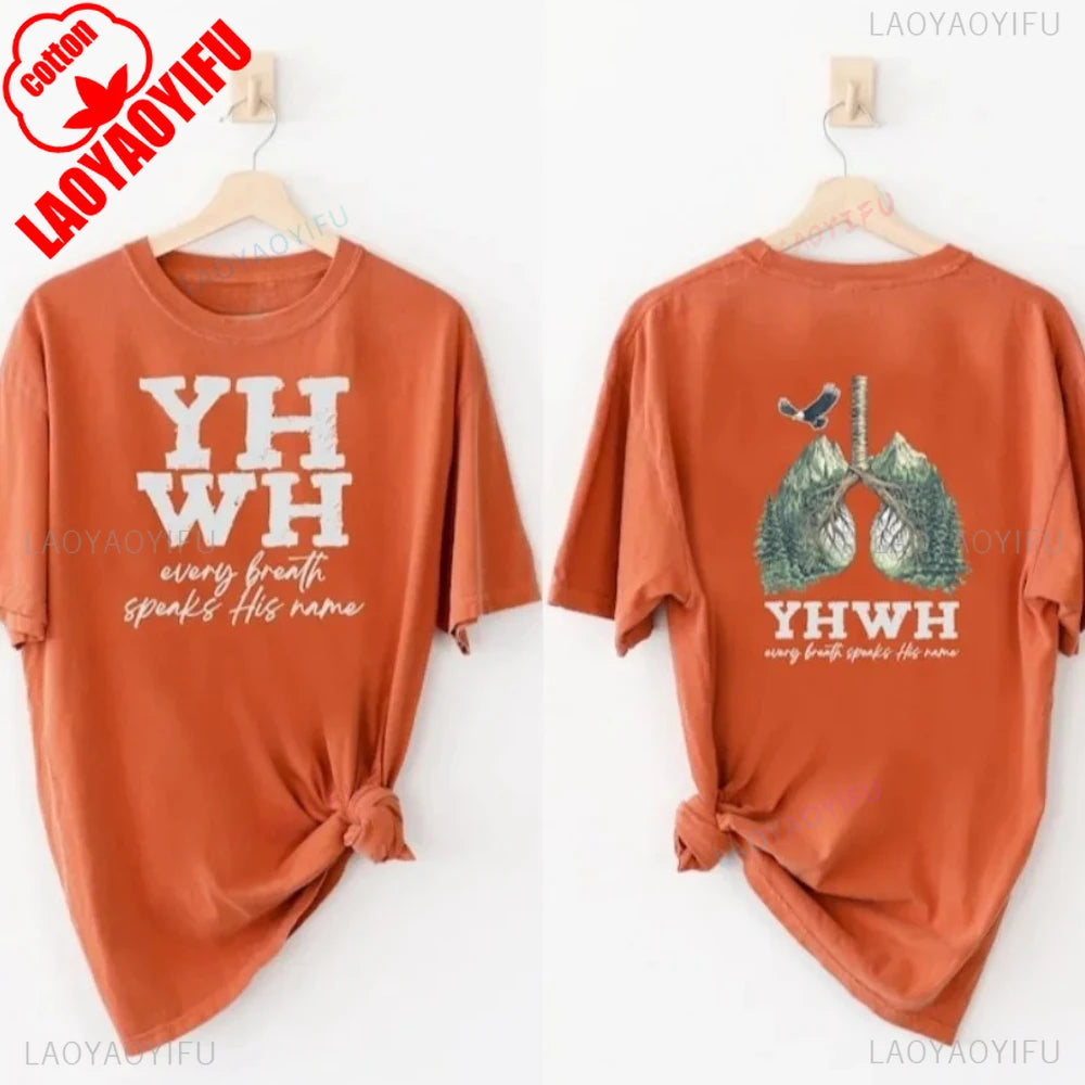 YHWH Womens T-shirt Short Sleeve Summer Casual Fashion Tops Cotton Tee Every Breath Speaks His Name Yahweh Tree Lungs Design Tee GlowCart