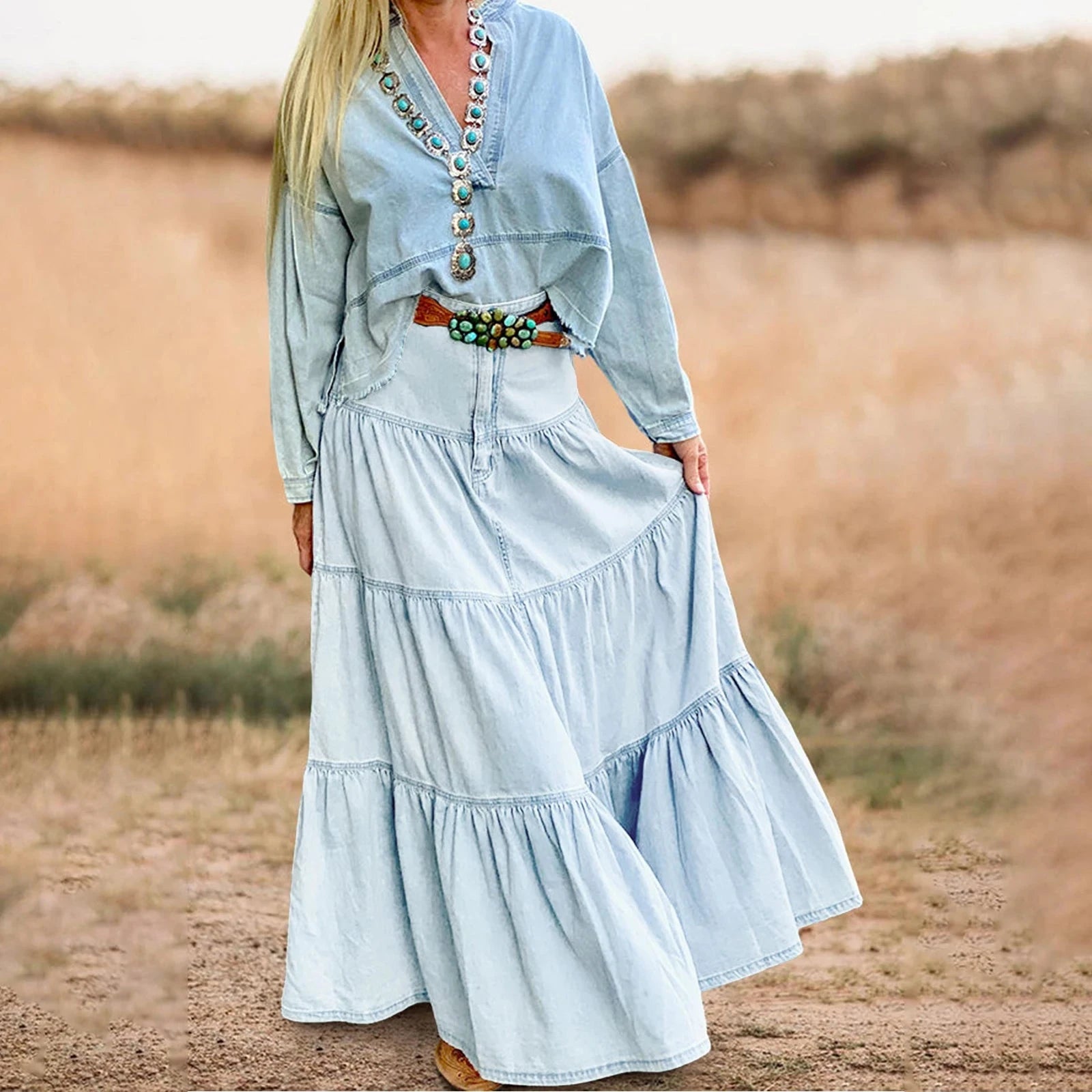 2025 New Fashion Women's Denim Long Skirt Stylish Solid High Waist A-Line Jean Skirt for Summer & Spring GlowCart